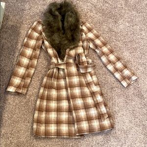 Brown Ivory Plaid Coat W/ Detachable Fur Collar